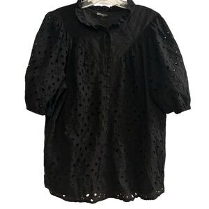 PrettyGarden Women's Black Embroidered‎ Blouse L Long Puff Sleeve